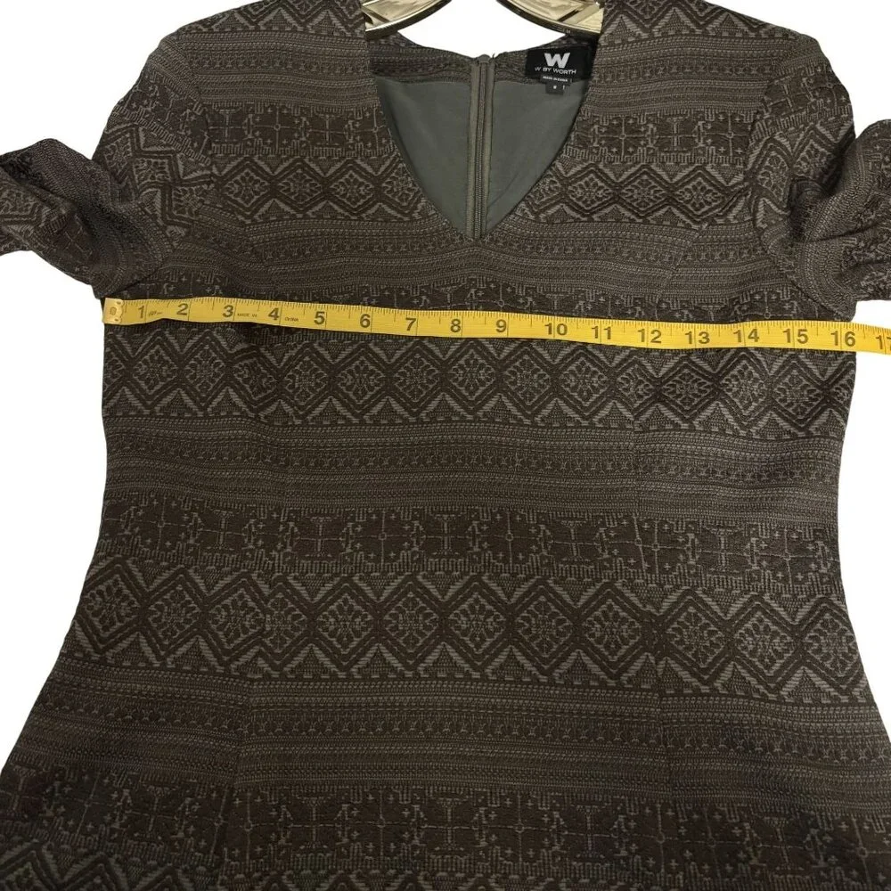 W By Worth Artsy Brown Patterned V-Neck Belted Dress Size 2 - Picture 8 of 11